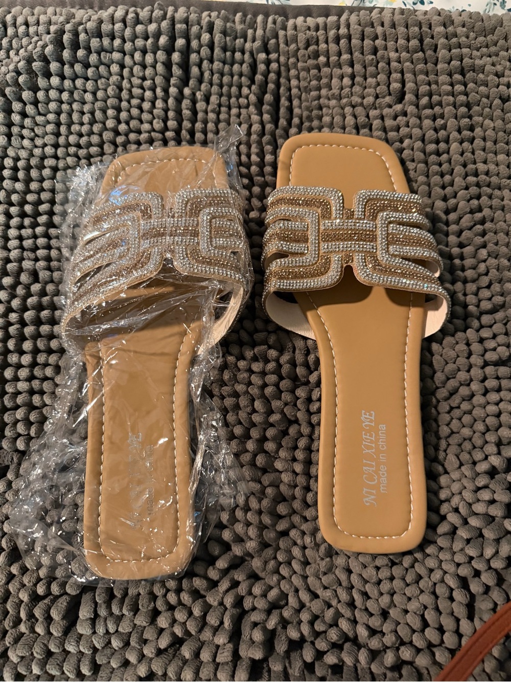 Tan Rhinestone Slide Sandals